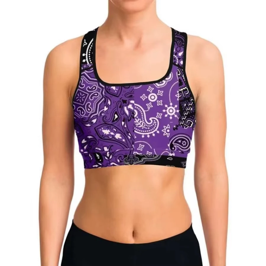 Women Purple Paisley Print Racerback Sports Bra Square Neck Medium Support Breathable Fitness Top Spandex Polyester