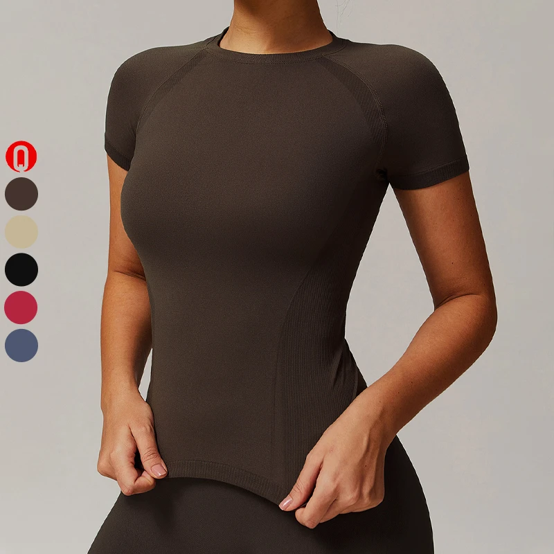 2025 New Seamless Activewear Fitness Slim Fit Breathable Yoga Short Sleeve Blank Sports Crop Top Tshirts for Women