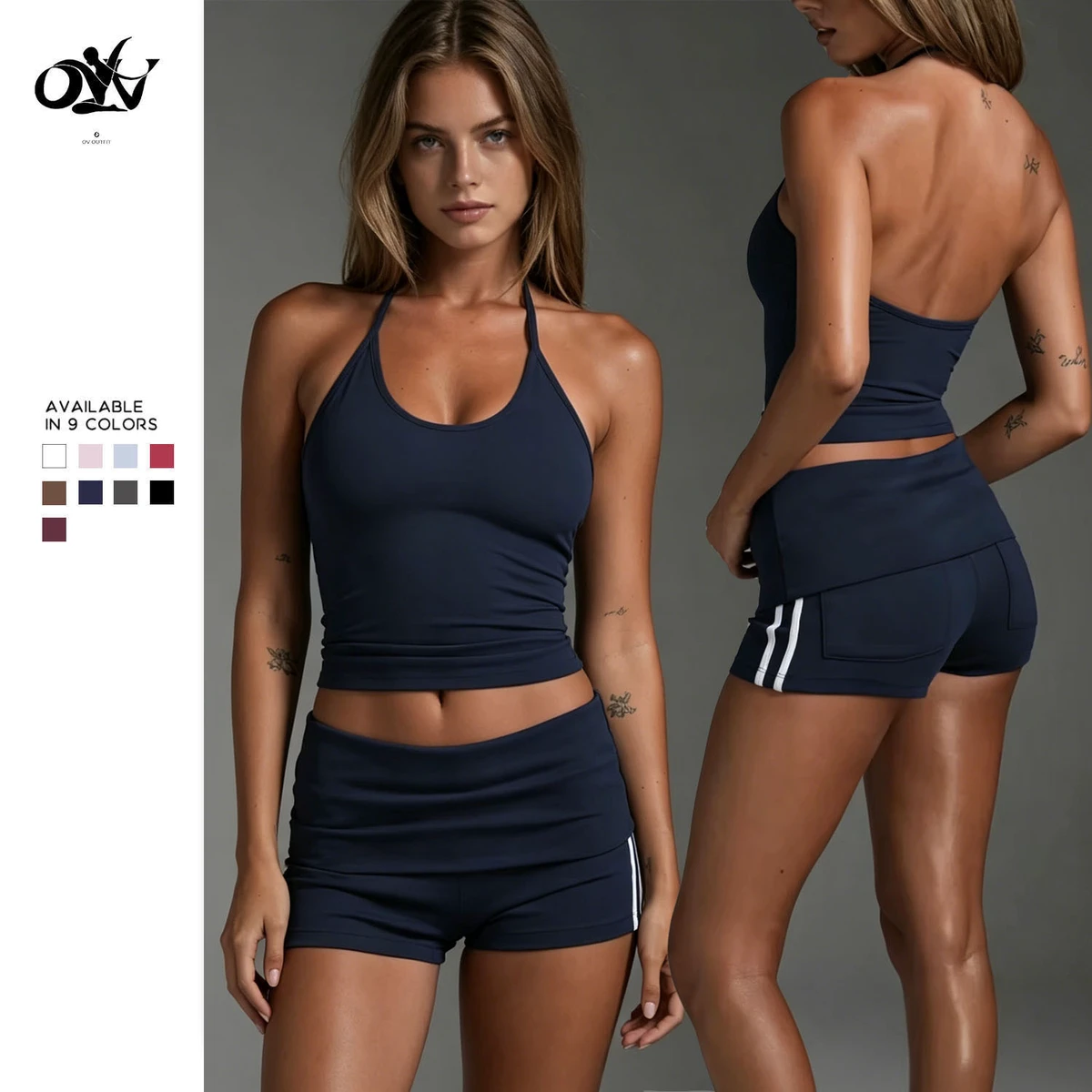 Fashion Casual Daily Outfit Side Stripe Design Yoga Shorts Wholesale Quick-drying Tight Halter Backless Vest Gym Wear Women Sets