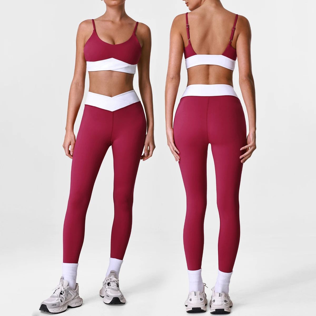 Cross-Border Naked Yoga Suit 2-Piece Set Breathable Lightweight Color Matching Back Bra V Waist Fitness Clothing Outdoor Tights