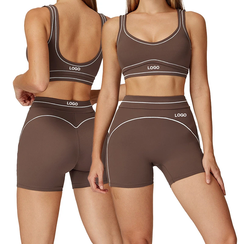 TZ7028-1 2 Piece Sport Clothes Sleeveless Crop Top Fitness Yoga Bra High Waist Shorts Leggings Sets Sportswear Gym Set