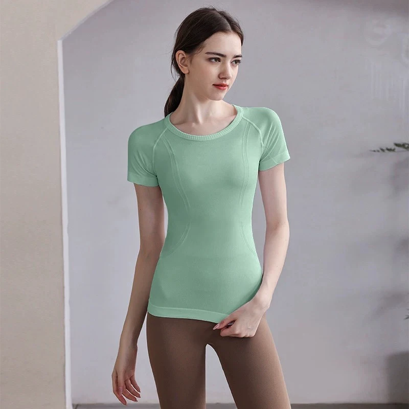 Spring Round Neck Slim Solid Women's Elastic T-shirt Sports Leisure Quick-drying Yoga Top