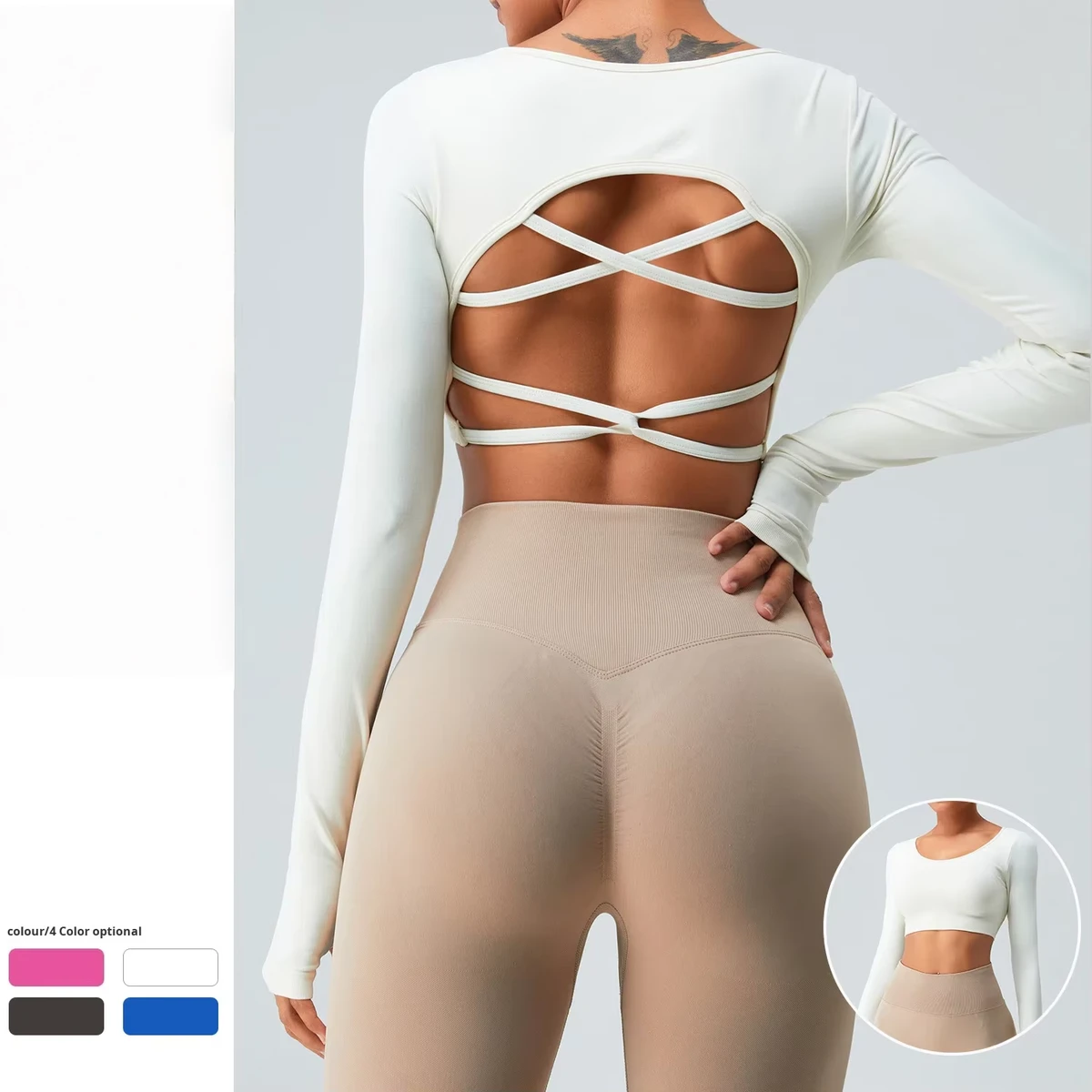 New European Solid Quick-drying Seamless Crew Neck Long-sleeved Yoga Top Women's Crisscross Straps Backless Spandex/Nylon Set