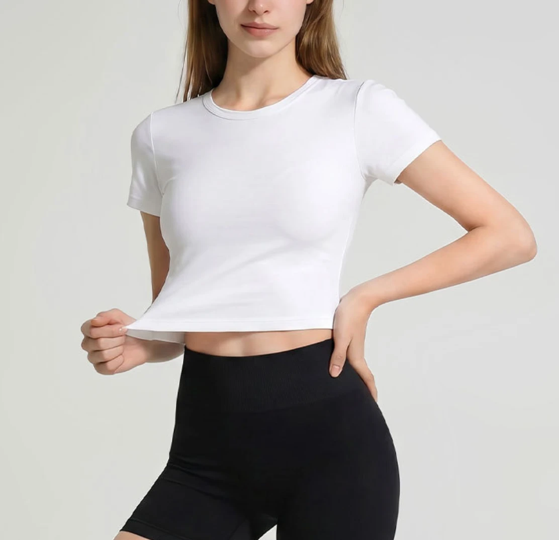 Cute Figure-flattering Pilates Yoga Wear Short-Sleeve Quick-Dry Nylon Spandex Solid Color Athletic Fitness Top for Women