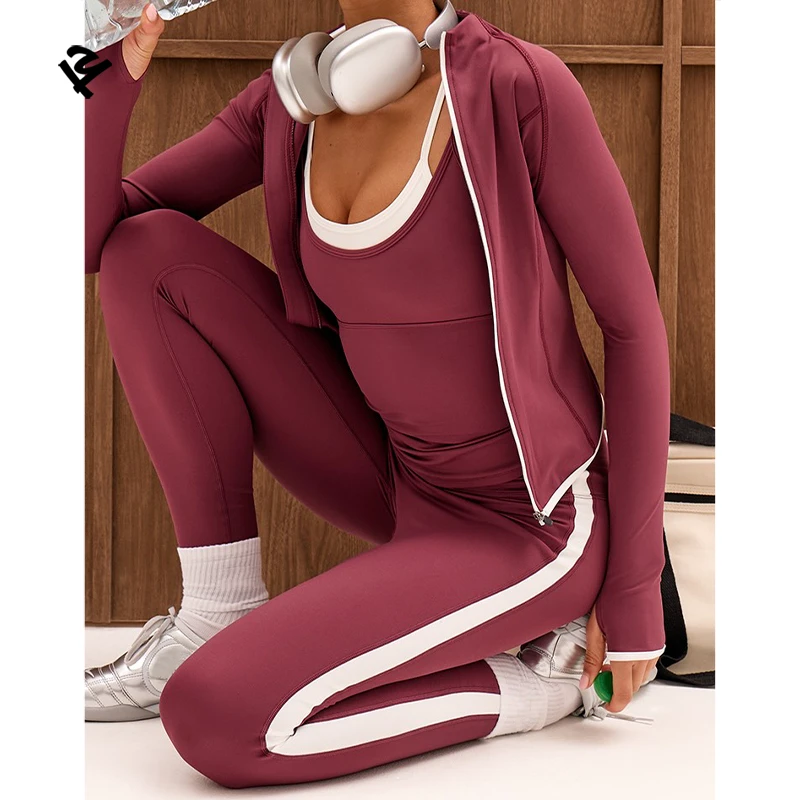 Women 3 Piece Yoga Set Cropped Tank Top Long Sleeve Zip Jacket and Leggings with Side Stripe Gym Activewear Loungewear Outfit
