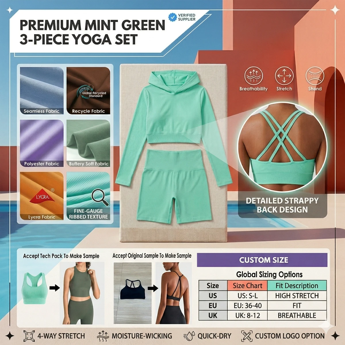 Ribbed Reversible Plus Size Yoga Set 3 Piece | Strappy Back Sports Bra & Hoodie & Shorts | Custom Logo Women's Workout Clothing