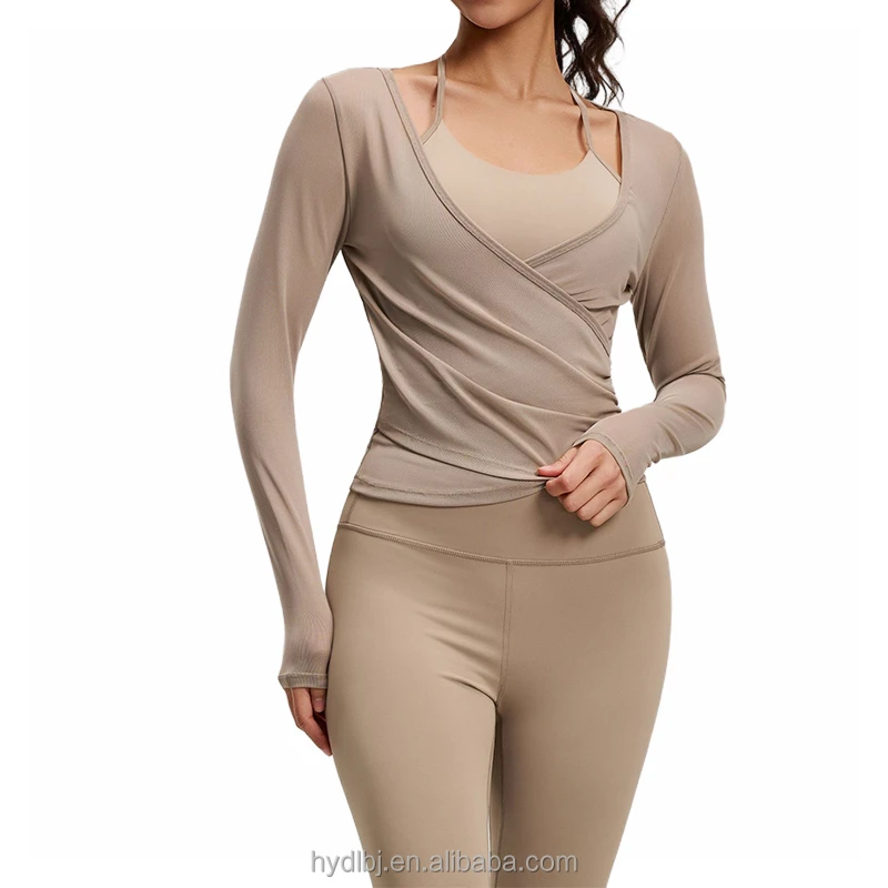 Women's Spring Summer Slim-Fit Long Sleeve Yoga 3-Piece Set Mesh Breathable Moisture Wicking Sports Fitness High-Waist