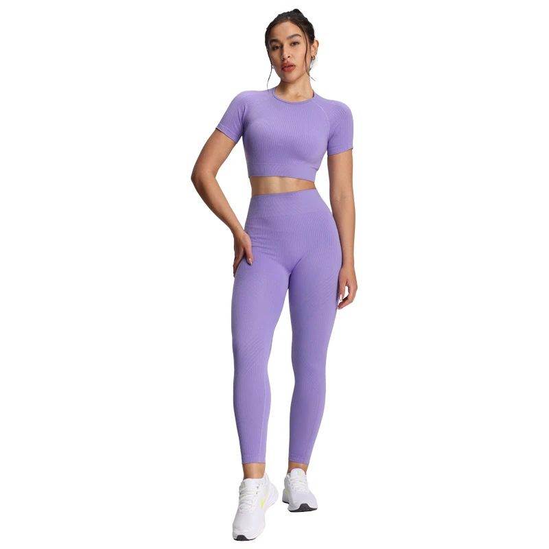 Cross-border Women's Yoga Suit Set Short Sleeve T-shirt High Waist Full-Length Nylon Spandex Solid Color Elastic Fitness