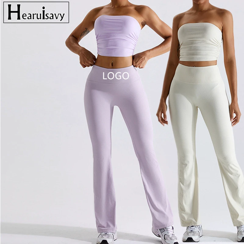 New Strapless Sports Bra Flared Wide Leg Yoga Pants Sportswear Two Piece Fitness Yoga Set Gym Wear Suit for Women