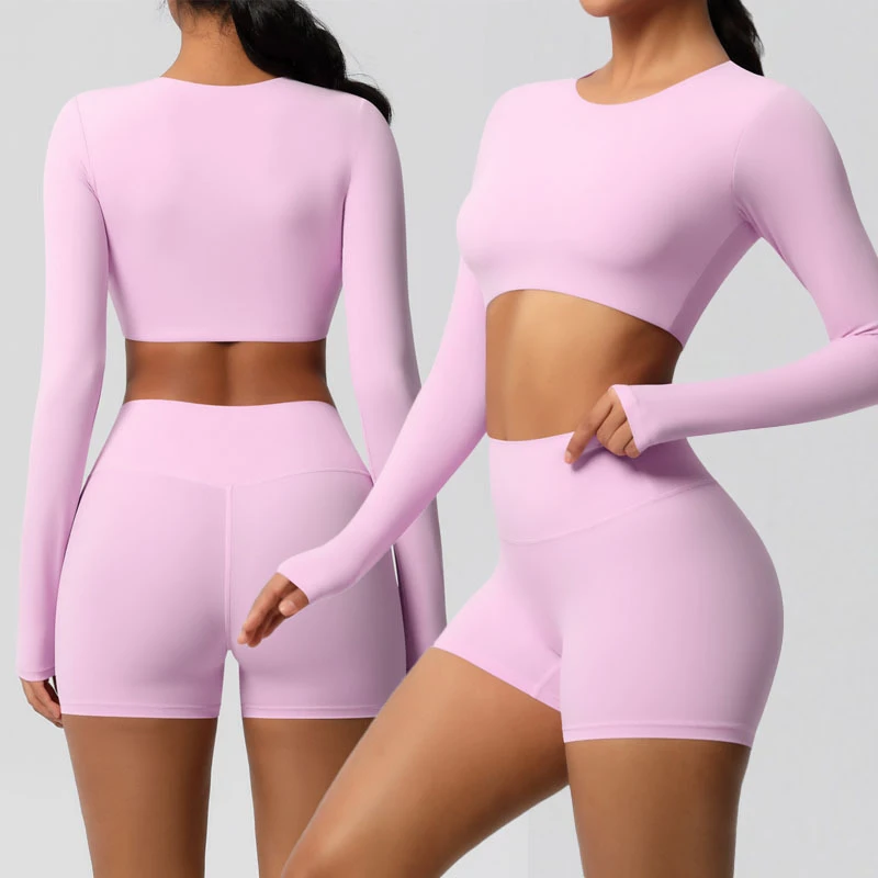 Hot Selling Women's 2-Piece Yoga Set Breathable Quick Dry Long Sleeve Elastic Waist Quick Dry High Waist Butt Lift Shorts