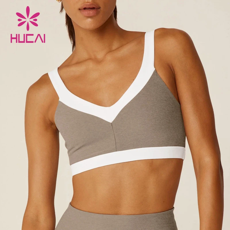 HUCAI Custom logo New Gym Top Fitness Color Contrast Stitching Topline Open Back v Neck Yoga Sports Bra for Women