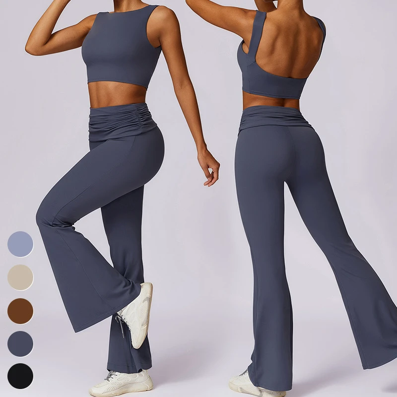 Janya Women's Solid Color Yoga Set High Waist Foldover Flare Leggings U Back Tank Top High Stretch Versatile Workout 2-Piece Set