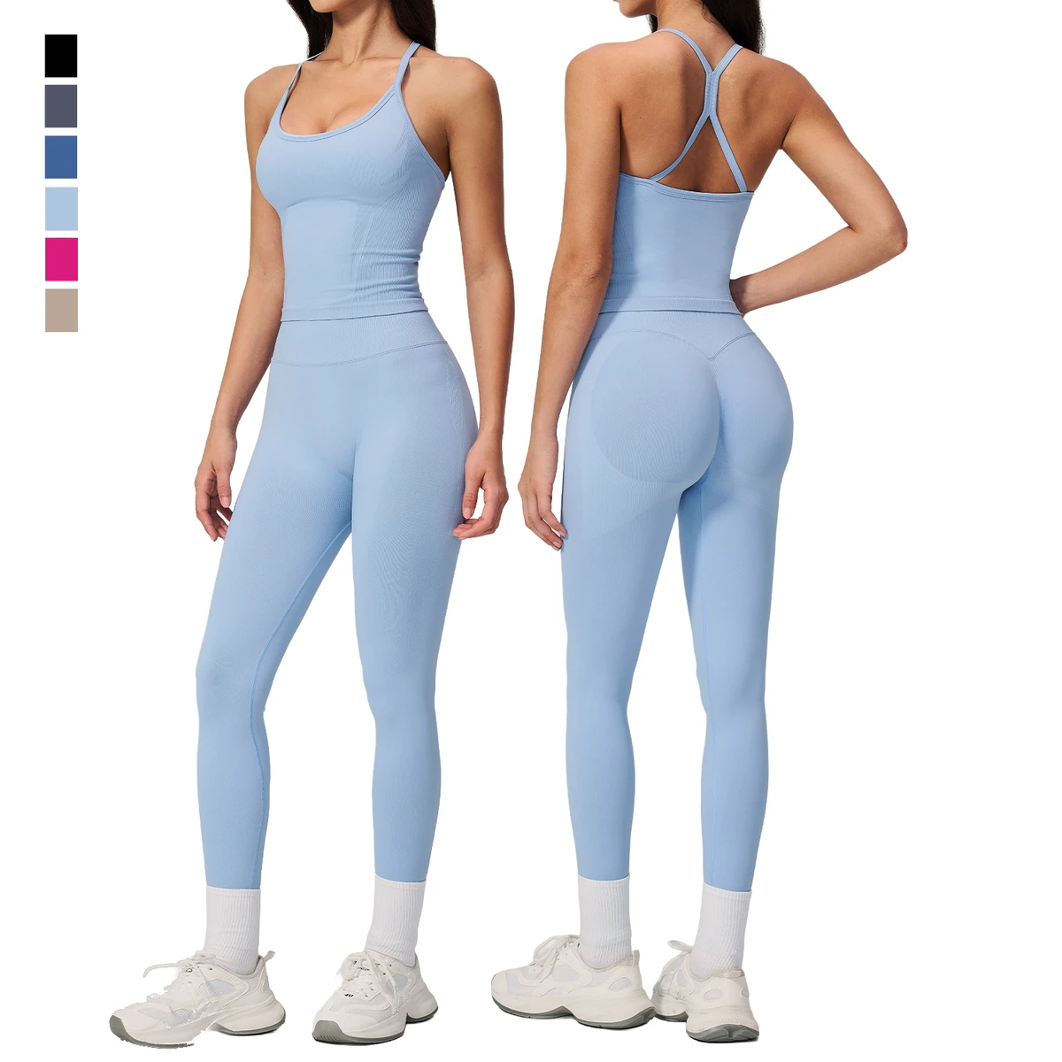 Women Yoga Set Seamless 2 Piece Fitness Suit Hollow Out Back Gym Tank Top Elastic High Waist Running Leggings Soft Women Wear