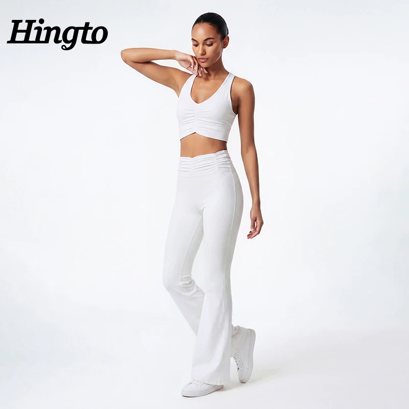 Seamed Yoga Set Private Label Logo Custom Flare Leggings 2 Piece Workout Outfits V Neck Sports Bra Gym Matching Sets