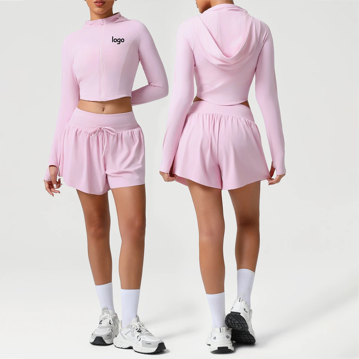 High Quality Tight Hooded Zipper Jacket Soft Loose Drawstrings Shorts Fitness Sports Women Yoga Two Pieces Set