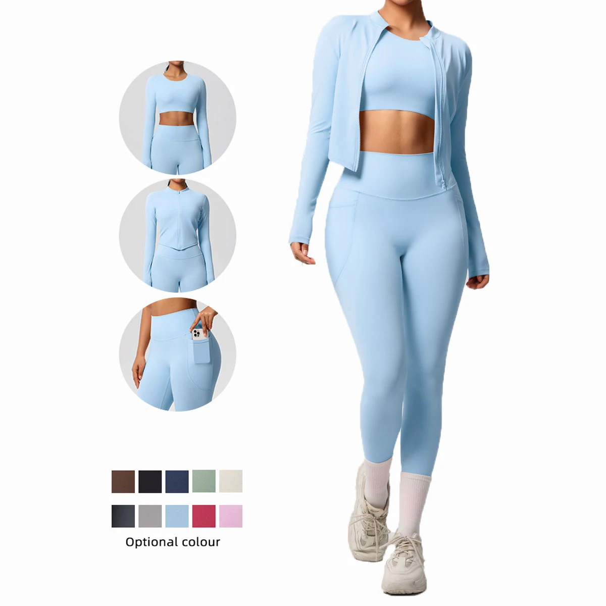High Quality Three-Piece Fitness Yoga Set Long Sleeve Zip-Up Jacket Solid Pattern Inner Top Breathable Pocketed Yoga Pants