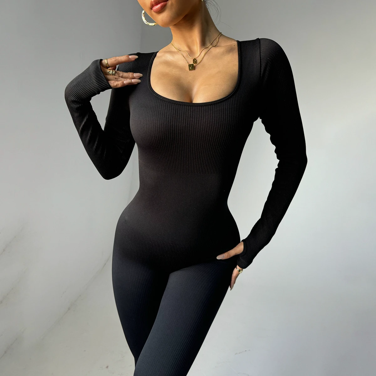 Lanyu Popular Women's Plus Size Backless Crew Neck Long-Sleeved Quick-Drying Eco-Friendly Fitness Bodysuit One-Piece Yoga