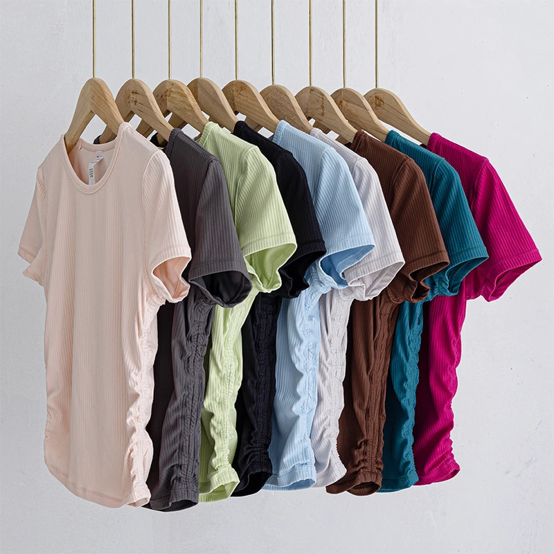 Ribbed High Elastic Running T-shirt Women Yoga Shirt Summer Short-sleeved Breathable Slim Waist Quick-drying Fitness Sports Top
