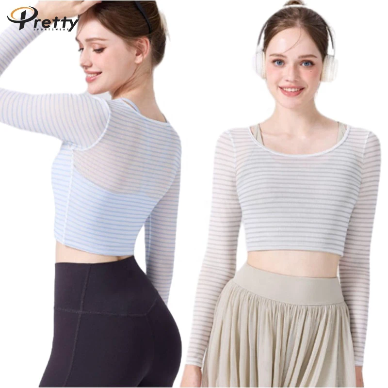 Yoga Long Sleeve Top Women's Clothing Sexy Striped Long Sleeve Tight Sports Wear Crop Pilates Tops Mesh Clothes with Chest Pads