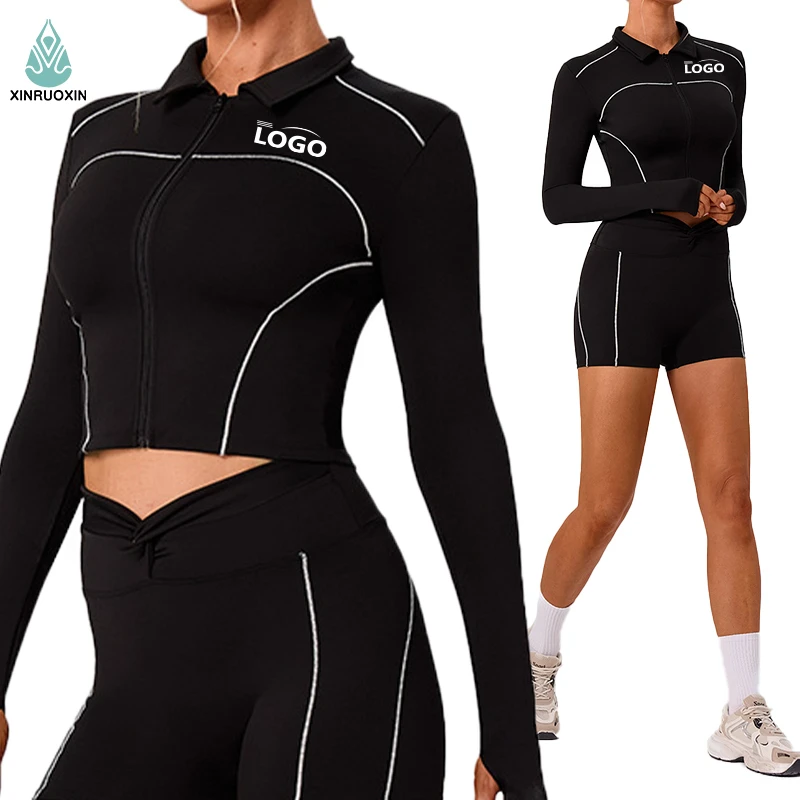 Bare-chest Collar Slimming and Figure-enhancing Yoga Top with Stretch Fabric, Elastic Fitness Zipper Cardigan, Sporty Yoga Coat