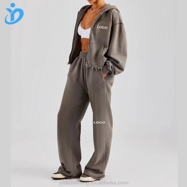 Custom Grey Zip-Up Hoodie Set With Ribbed Hem Long Sleeve Jogger Pants Casual Streetwear Lounge Wear Gym Yoga Outfit