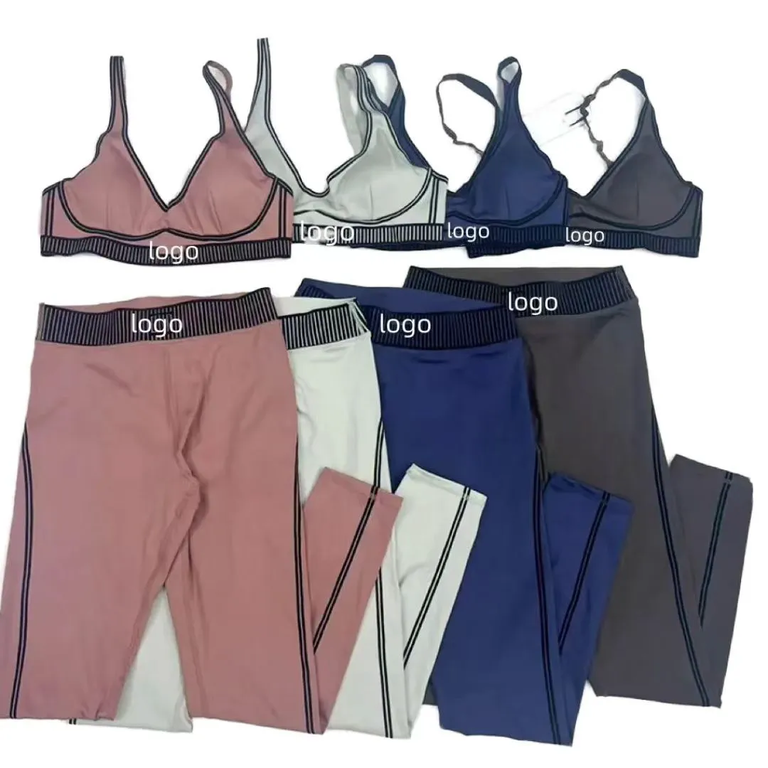 Wholesale Fashion Breathable Solid Color Sports Fitness Clothing Yoga Pilates Seamless Cutting Nine Leg Pants Women's Bra Se...