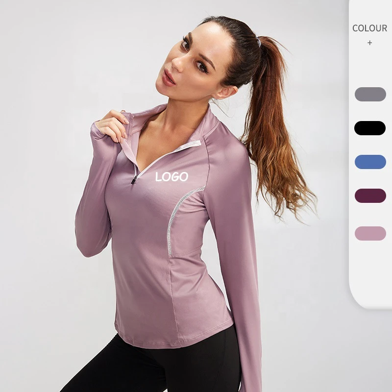 Customized Plus Size Yoga Long Sleeve Four-Way Polyester Stretch 3/4 Zip Pullover Sports Tops Fitness Yoga Wear for Women