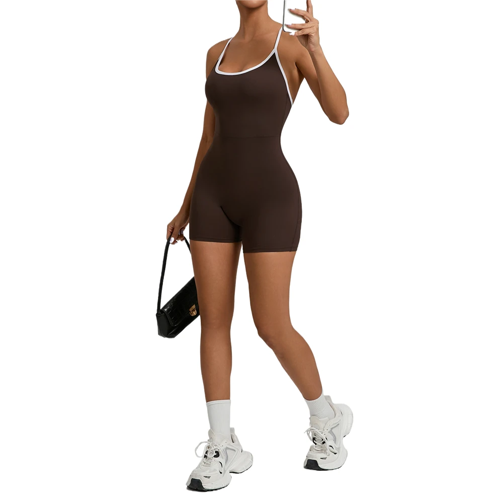 Color-blocking Cross-shoulder Strap Tight-fitting One-piece Yoga Suit, Outdoor Running Exercise Fitness