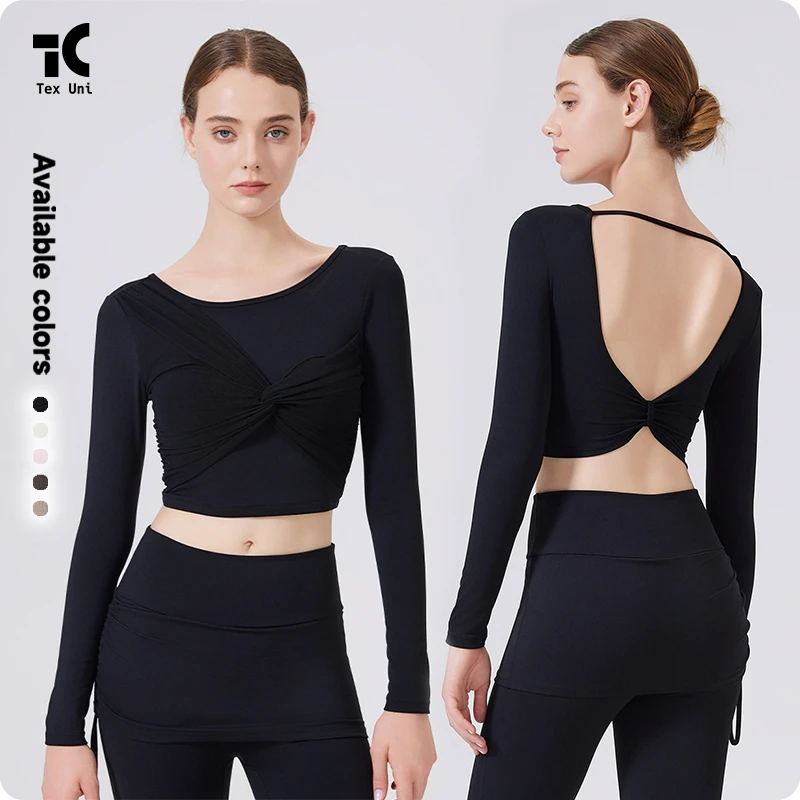 Breathable Mesh Knot Detail Quick Dry Figure Flattering Skinny Fit Long Sleeve Built-in Cups Fitness Running Training Yoga