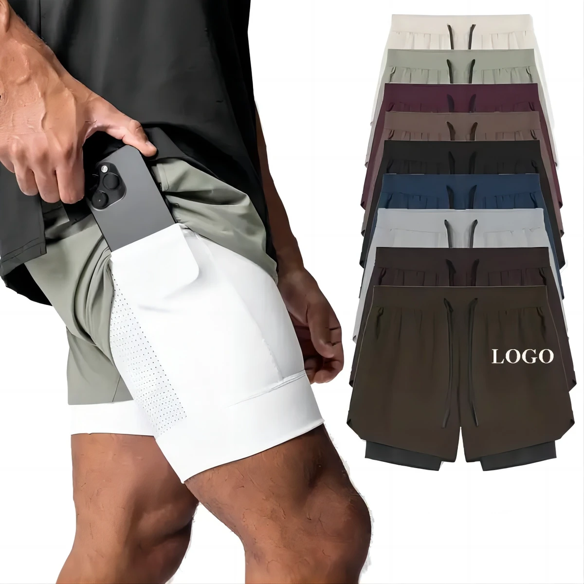 Plus Size Men's Fitness Shorts Running Breathable Men 2 in 1 Layers Sports Track Workout High Waist Gym Shorts