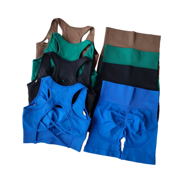Women Solid Seamless Yoga Sport Wear Set Crisscross Strap Bra High Waist Shorts Breathable Two Piece Workout Clothes