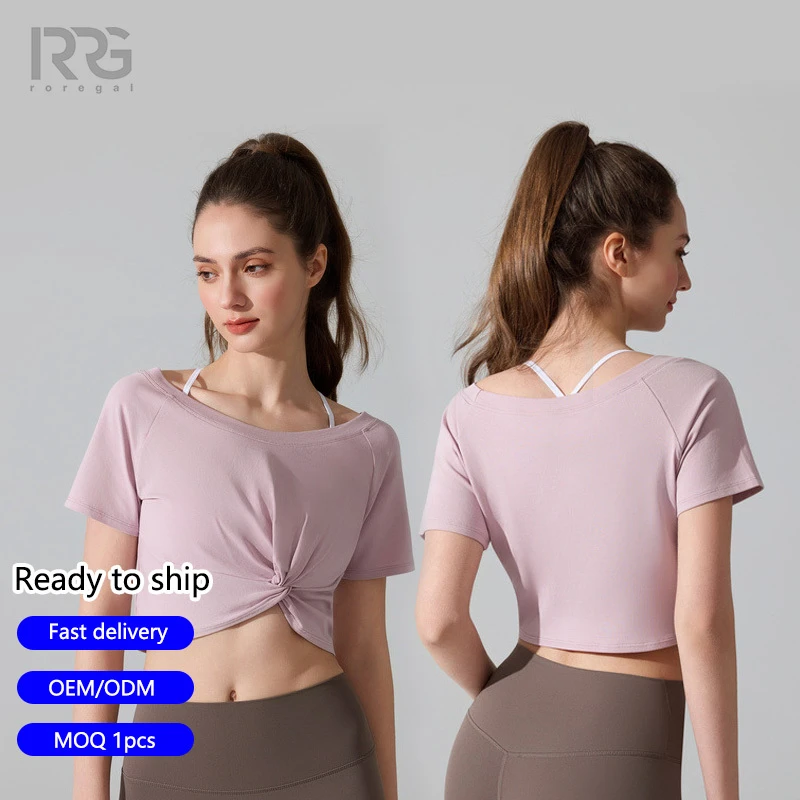 Roregal Yoga Top Women Twist Knotted Short Sleeve Gym Fitness Running Active Wear Tee