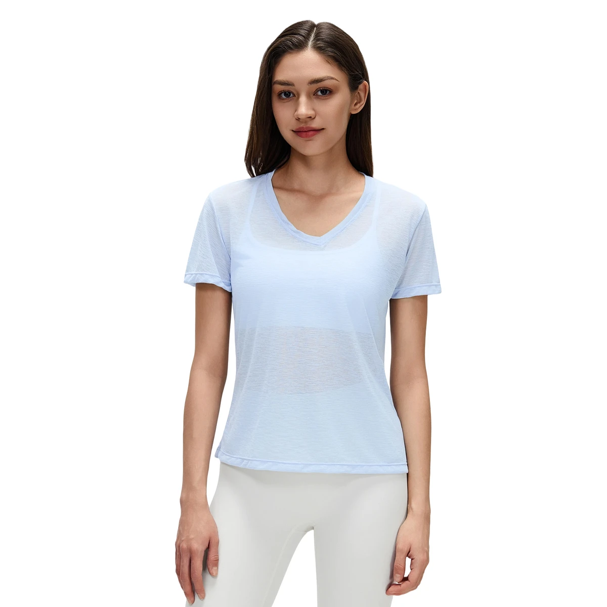 2026 Summer V-neck 100% Polyester Lightweight Breathable Fit Sports T-shirt Women Running Fitness Short-sleeve Yoga Top