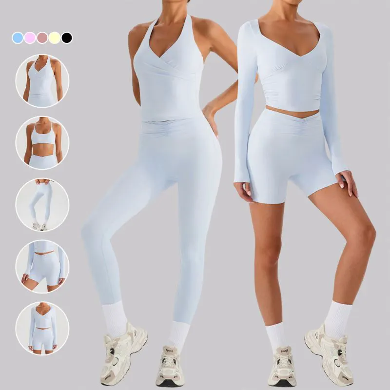 Custom High Waist Yoga Leggings Workout Top Quick-Drying 5pcs Women's Gym Fitness Set Sexy Bra Design Front Skin Friendly Solid