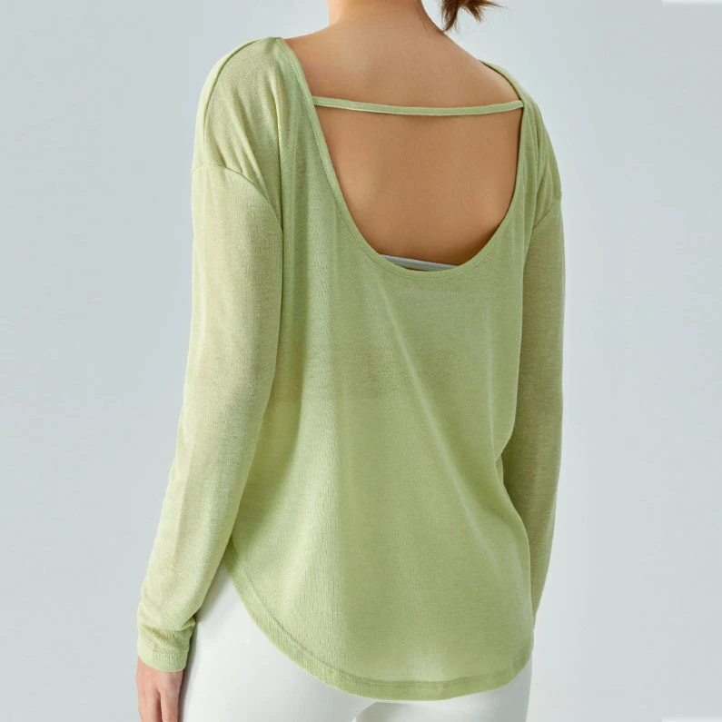 Women's Loose Fit Long Sleeve Yoga Top Quick Dry Breathable Mesh Four-Way Stretch Sweat-Wicking Gym Workout Tops U Backless