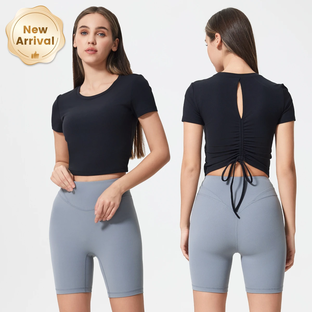 Women's Breathable Yoga Top Hollow-Out Back Short Sleeves Drawstring Wrinkle Design Fixed Cup Fitness Shirt for Summer Outdoor