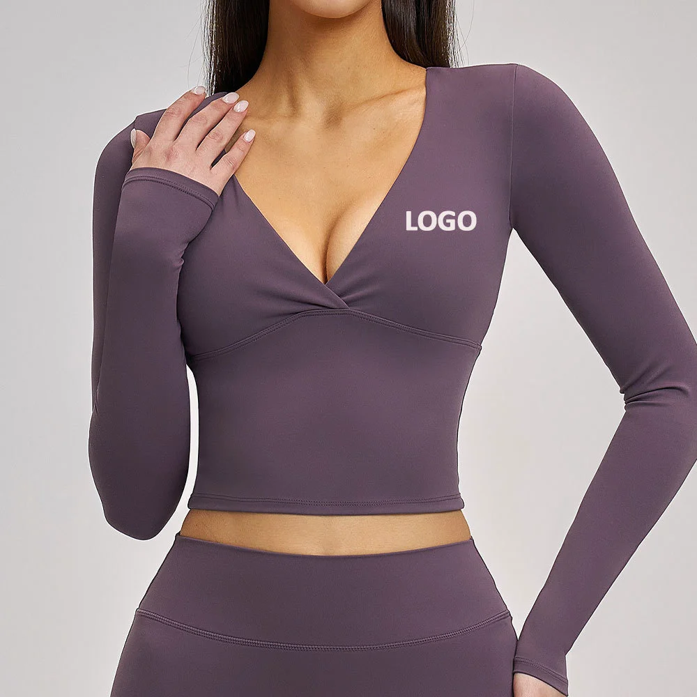 Long Sleeve Yoga Top Built-in Bra V-Neck Skinny Crop Top Nylon Spandex Women Breathable Sportswear Workout Top