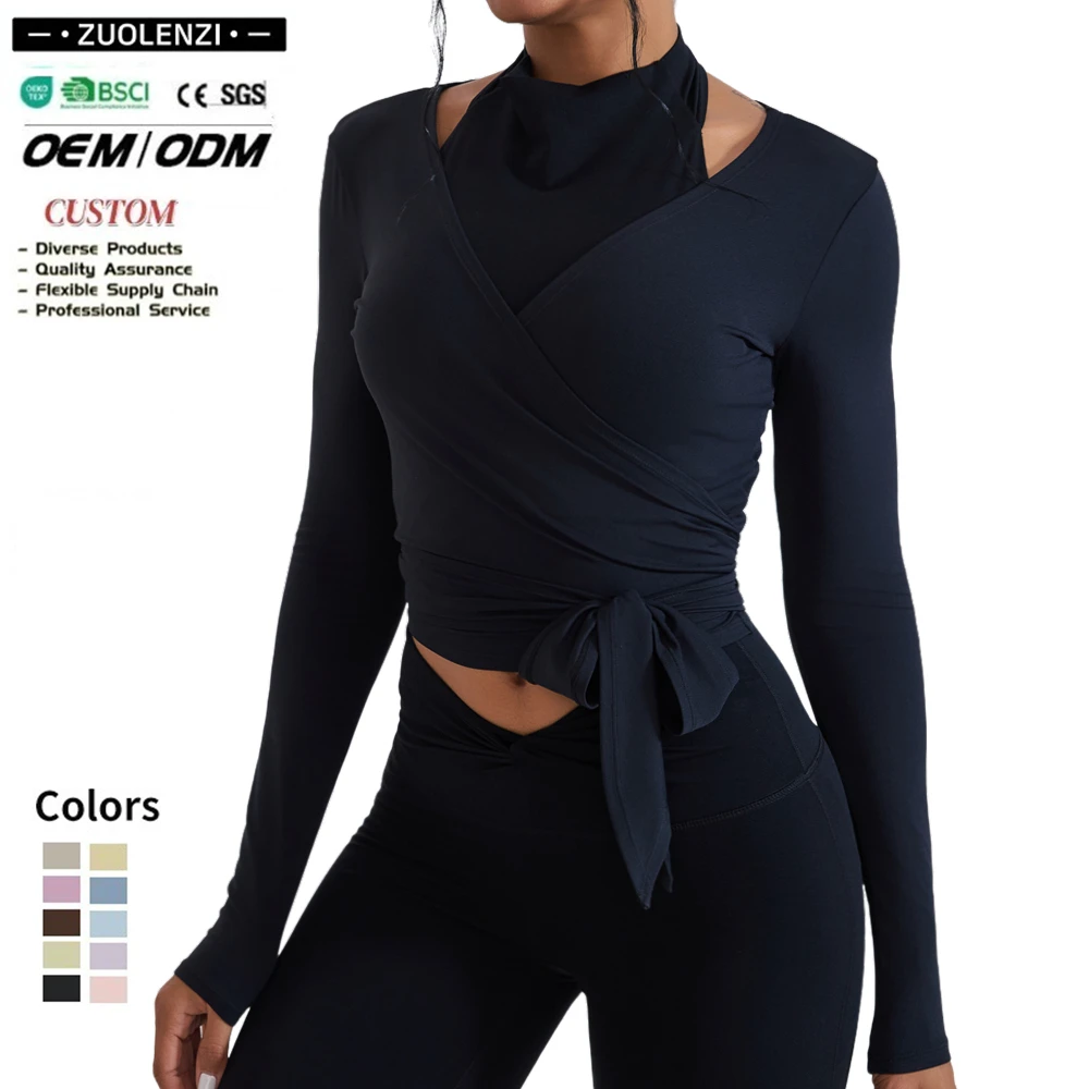 Ballet Wrap Top Long Sleeve Pink Lightweight Adjustable Ties Active Blouse Gym Fitness Yoga Tops for Women