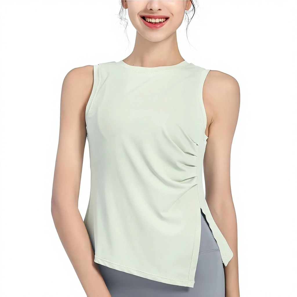 Cross-border Quick-dry Solid Collarless Polyester Spandex Dobby Fabric Women's Sports Vest Sleeveless Yoga Fitness Clothing