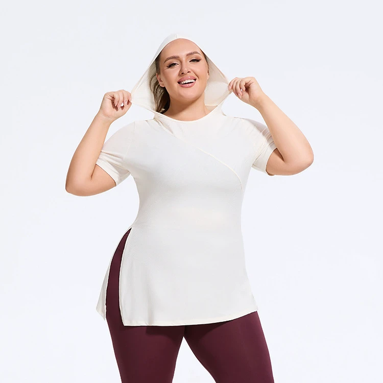 Women's Plus Size Lightweight Yoga Fitness Sports Top Hooded Slim Fit Short Sleeve Running T-Shirt Breathable Side Slit