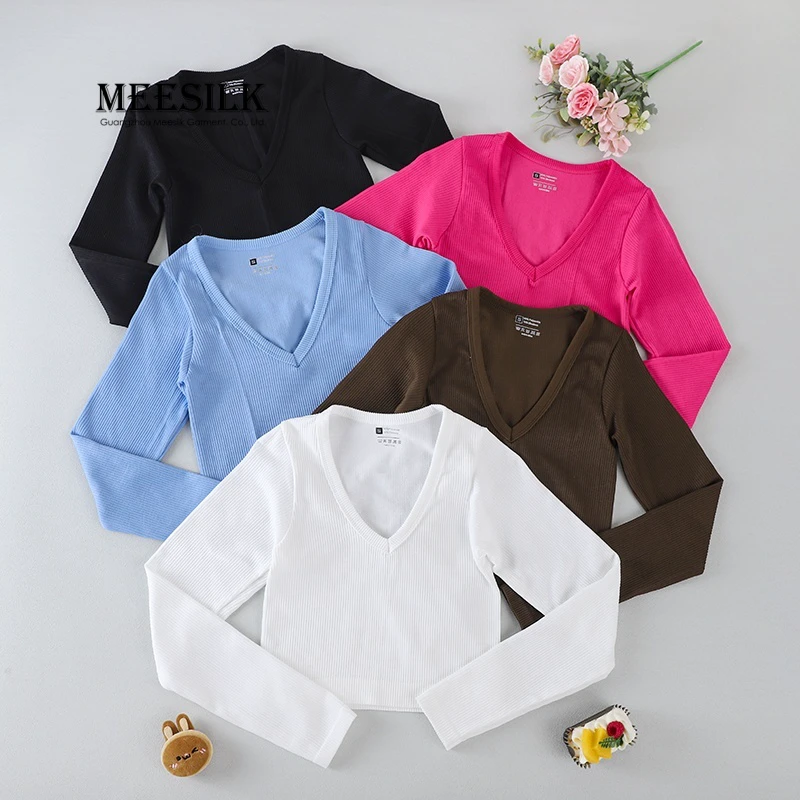 Women's Casual Skinny Fit Long Sleeve V Neck Solid Crop Top with Spandex/Nylon Breathable Ribbed Knit Gym Yoga Tennis
