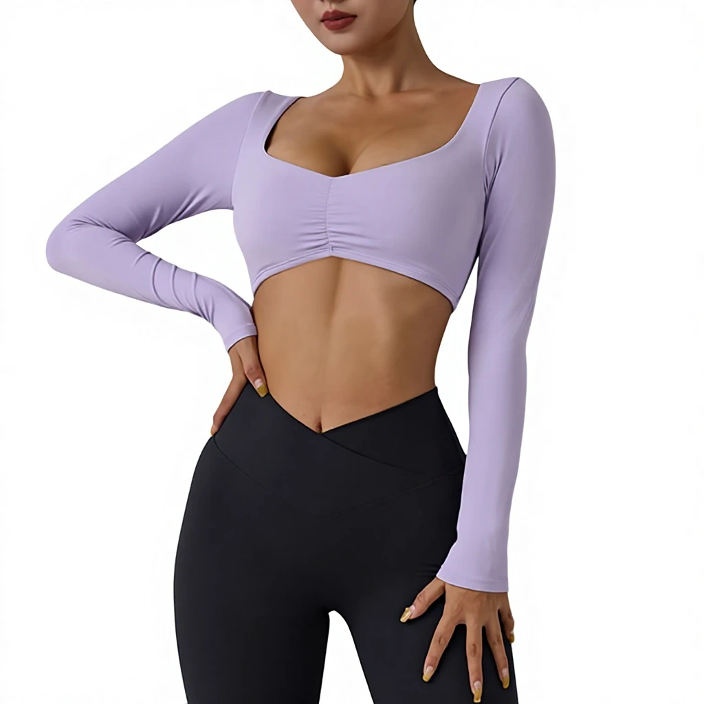 Women's Nude-Feel Long-Sleeve Spandex/Nylon Sweat-Wicking Tight Solid Simple Yoga Top with Pleated Design