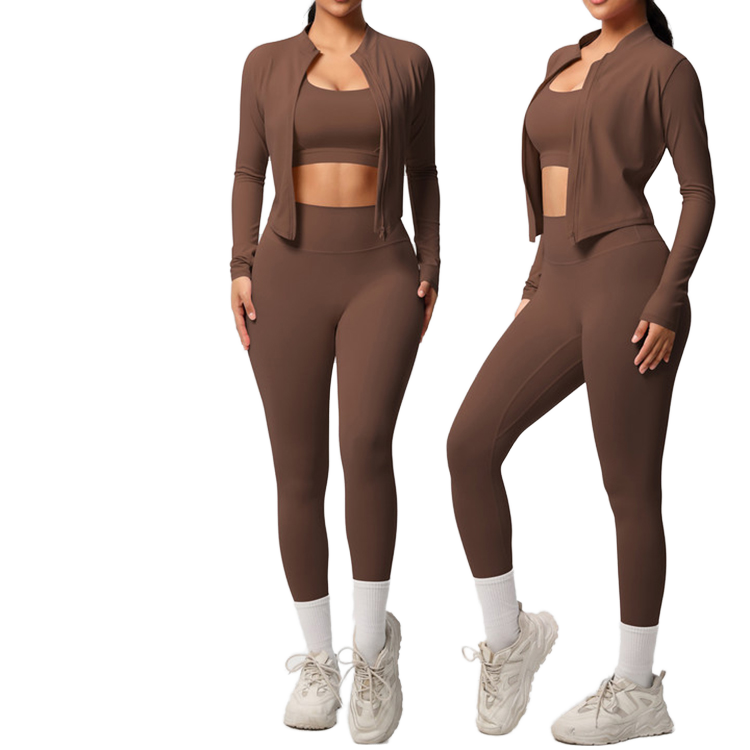 Wholesale Fitness 3 Piece Women Gym Yoga Wear Set Workout Seamed Solid High Waist Long Sleeve Breathable Crisscross Straps