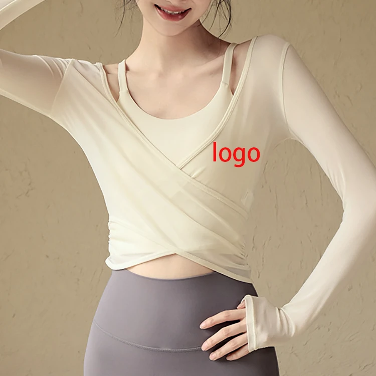 Women 2 in 1 Yoga Top Long Compression Lightweight Stretchy Fabric for Sportswear Pilates Gym Training Neckline Front