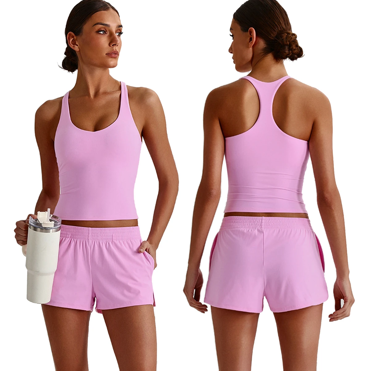 Womens 2-Piece Outdoor Sportswear Set-Breathable Quick-Dry Nylon/Spandex Workout Yoga Running Top Four-Way Stretch Elastic
