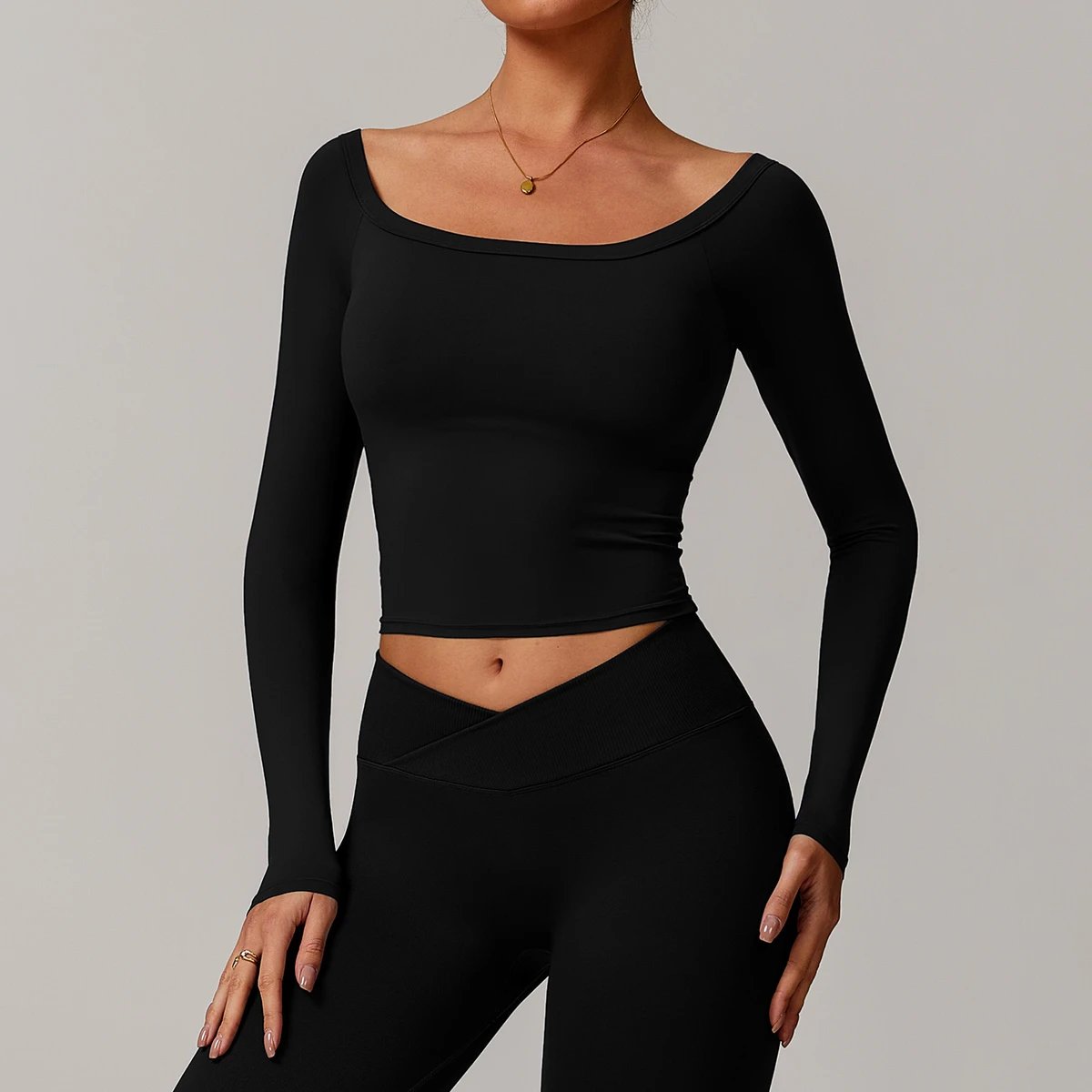 Long Sleeve Cropped Yoga Top for Women Soft Stretch Activewear Square Neck Fitness Shirt Comfortable Gym Top
