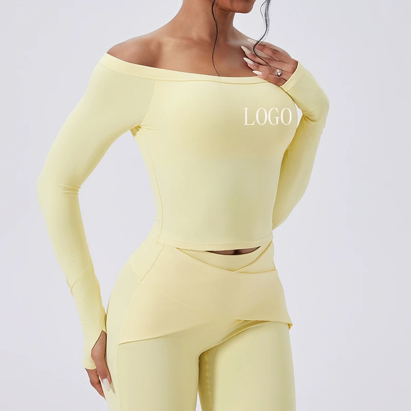 New Style Women's Brushed Off the Shoulder Nude Feeling Tummy Control Long Sleeve Pilates Fitness T Shirt