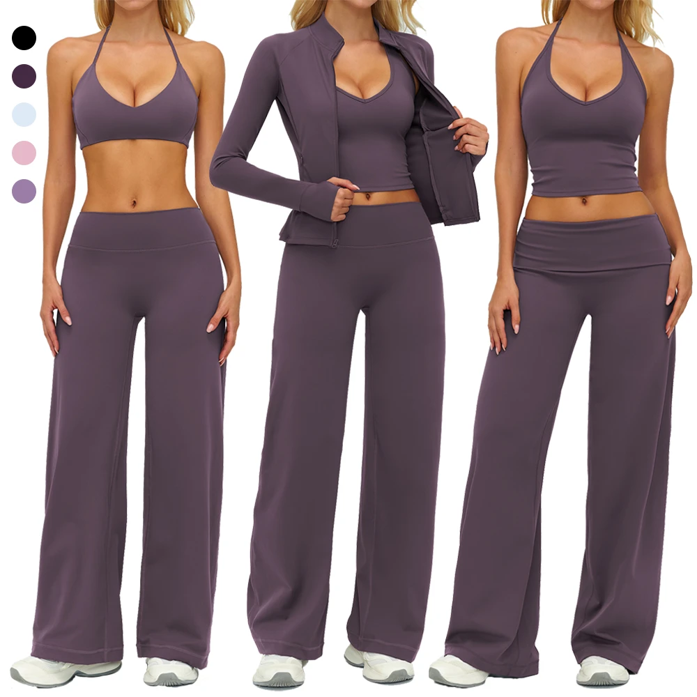 Outdoor Sports Jacket Slim Fit tank Tops Backless Sport Bra Flare Baggy Pants Yoga Clothing Sets2026