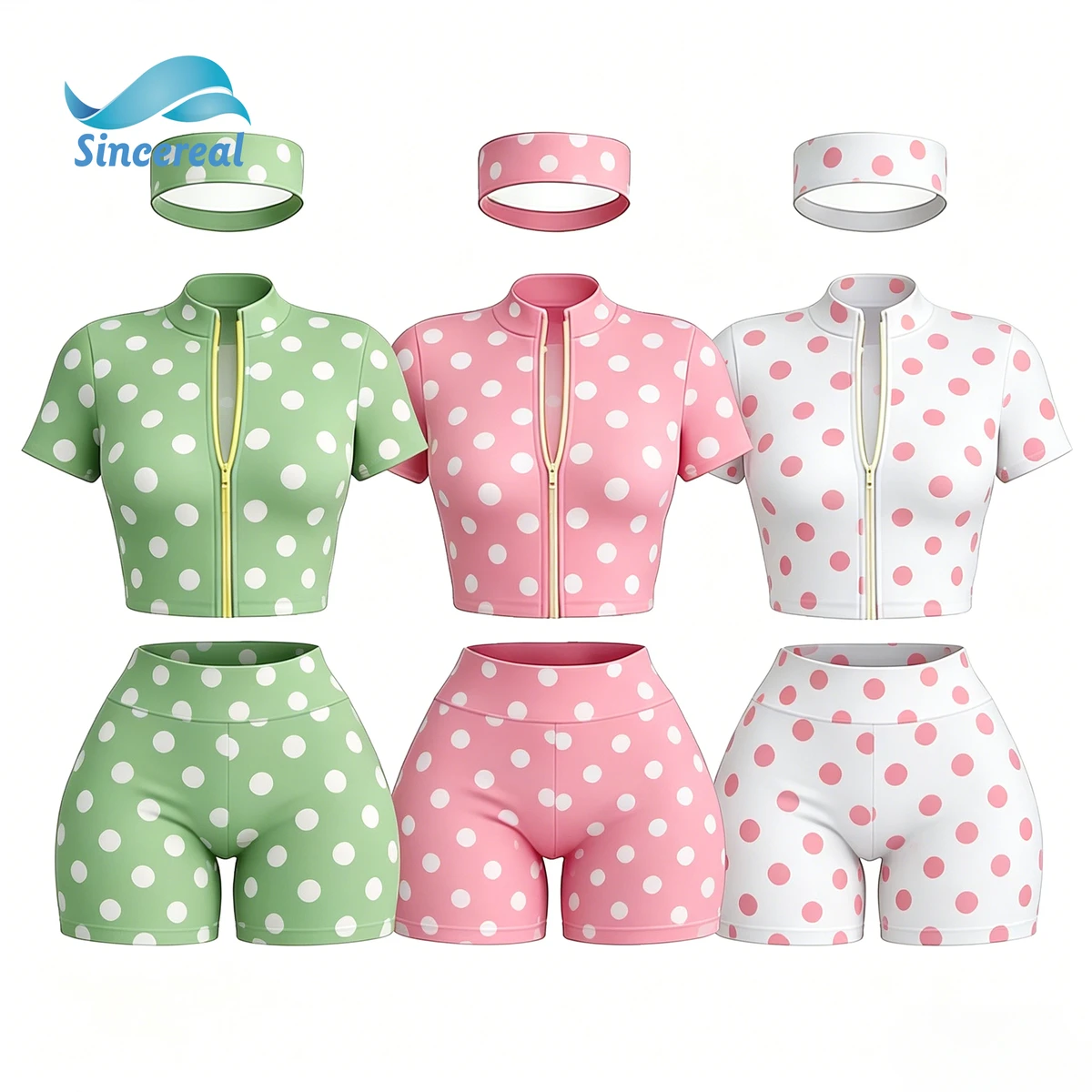 Custom Polka Dot Two Piece Set Streetwear Workout Zip Up Short Sleeve Jacket And Shorts 3 Piece Shorts Set Tracksuit For Women