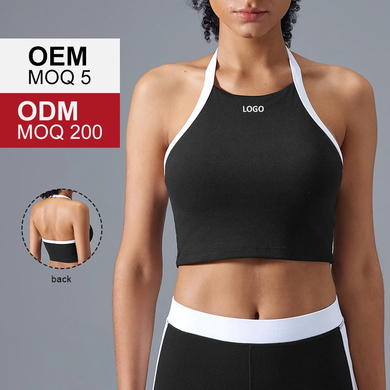 D25091 Women Halter Neck Backless Contrasting Sports Bra High Elastic Semi Fixed Padded Yoga Bra Leisure